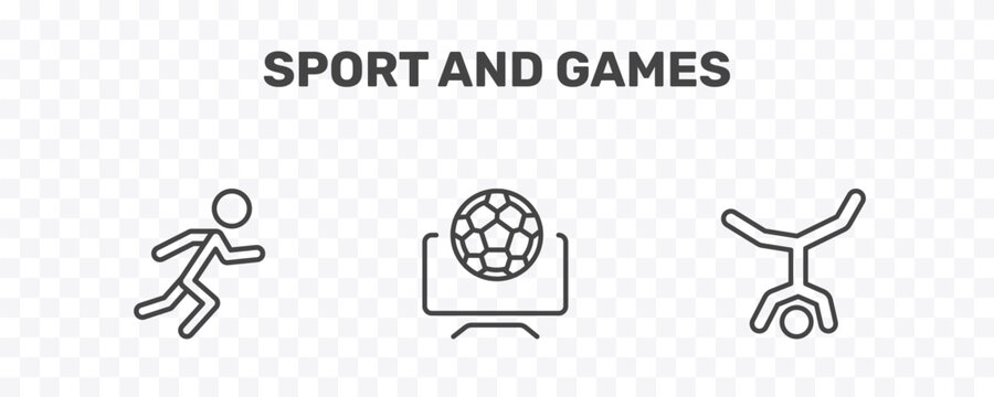 sport and games icon set with man sprinting, football channel, capoeira signs in flat outline style