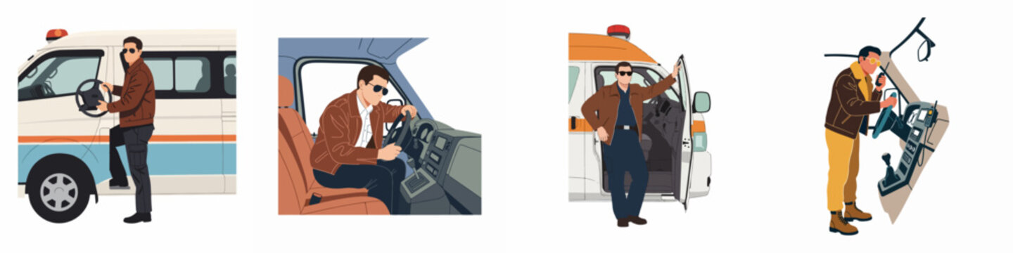 A collection of illustrations showing a man in a leather jacket operating an emergency van, including scenes of driving, standing, and using a radio.