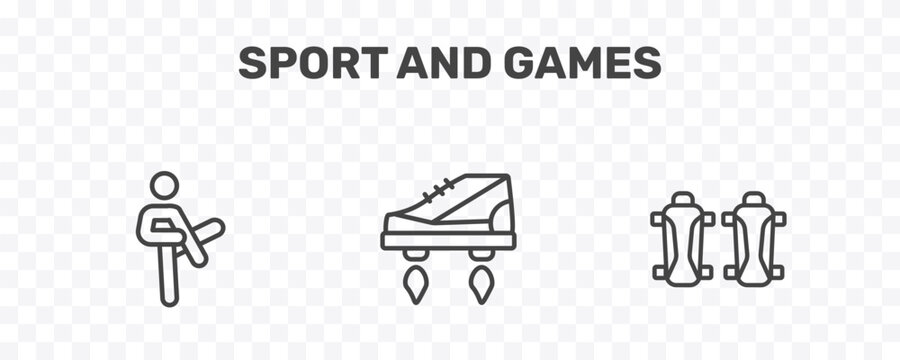 sport and games icon set with pencak silat, flying shoes, shin guards signs in flat outline style