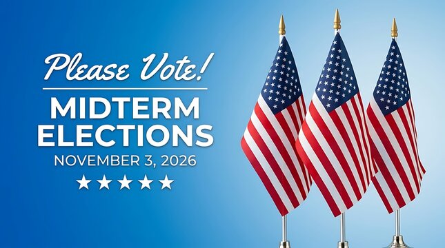 Three American Flags Waving Against Blue Sky with Midterm Elections Vote Reminder Text