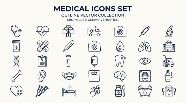 Professional healthcare and hospital thin line outline symbols collection vector 15