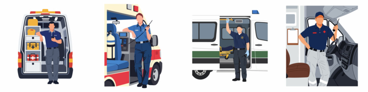 Flat illustration set of paramedics in uniforms with emergency ambulances and medical equipment, using walkie-talkies for communication.