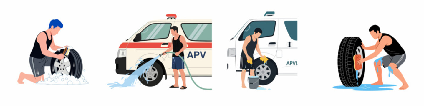 Collection of Vector Illustrations Showing a Man Washing an Ambulance Van and Scrubbing Wheels and Tires Using a Hose, Sponge, and Soap.