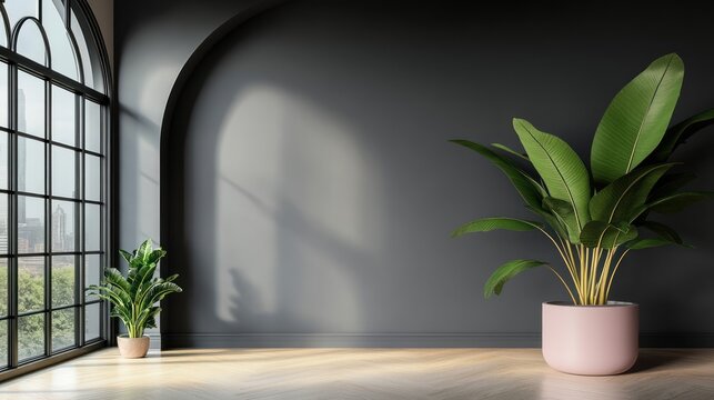 Modern interior with potted plants sunlight and dark gray wall