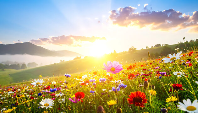 Vibrant wildflower meadow bathed in golden sunrise light, rolling hills and misty valley in background, clear sky with soft clouds