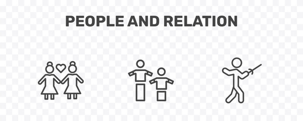 Fototapeta premium people and relation icon set with lesbian couple, team work success, fencing attack signs in flat outline style