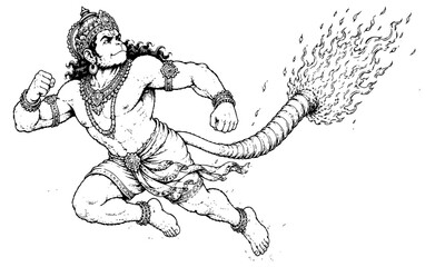 Fototapeta premium Lord Hanuman Flying with His Burning Tail Over Lanka Ramayana Monochrome Illustration