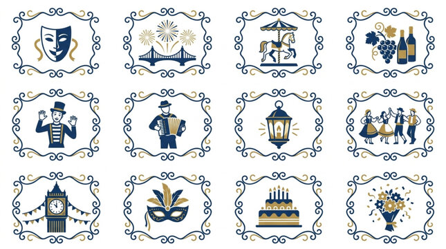 Collection of Vintage Style Celebration Icons and Symbols.