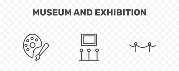 Fototapeta premium museum and exhibition icon set with palette, exhibition, museum fencing signs in flat outline style
