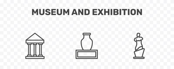museum and exhibition icon set with antic architecture, ceramic, venus de milo signs in flat outline style © Abstract