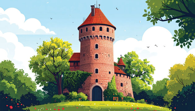 Illustration of a medieval castle tower.