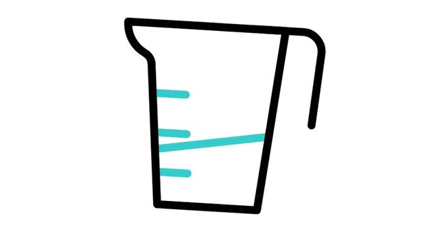 Animated liquid measuring pitcher icon loop motion graphic, cooking recipe measurement and laboratory beaker symbol, isolated on white background