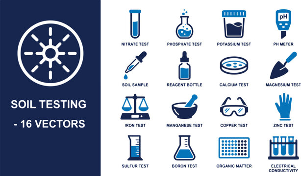 Vector Icon Set for Soil Testing and Analysis, Featuring Lab Equipment, Reagents, and Measurements for Agricultural and Scientific Research