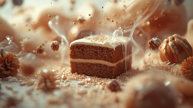 Decadent Chocolate Cake Slice with Creamy Frosting and Crumbs Floating