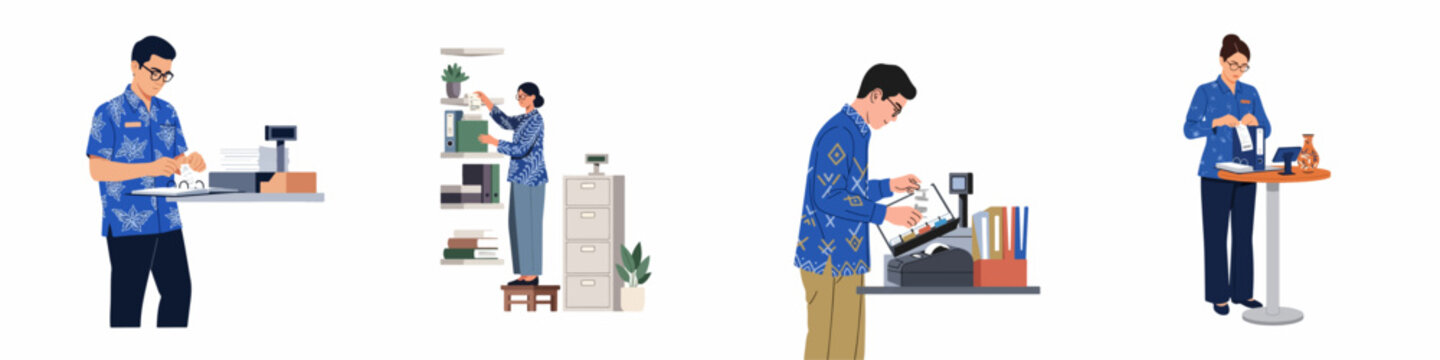 Set of illustrations featuring Indonesian office workers in batik shirts performing various administrative tasks such as filing, bookkeeping, and accounting.