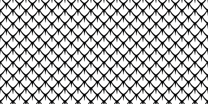 Seamless black and white scale pattern inspired by fish, snake, dragon, and reptile skin featuring a clean repeating geometric design