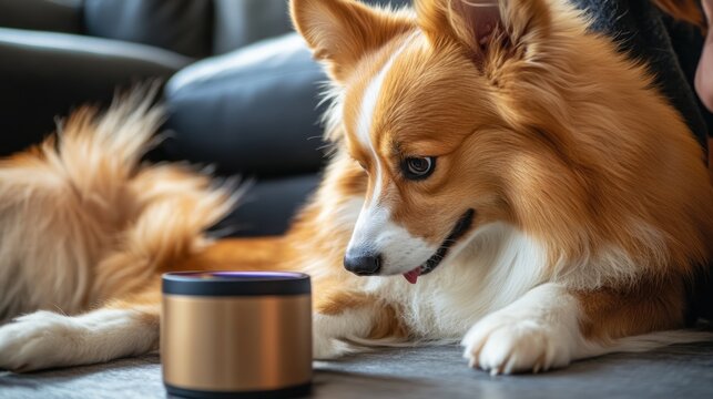 Adorable fluffy dog looking at cylindrical object