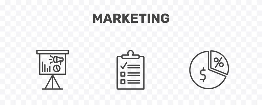 marketing icon set with marketing presentation, checklist, margin signs in flat outline style