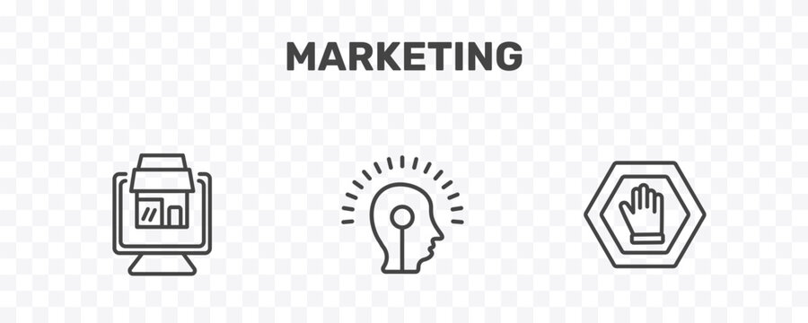 marketing icon set with web package, potential, ad blocker signs in flat outline style