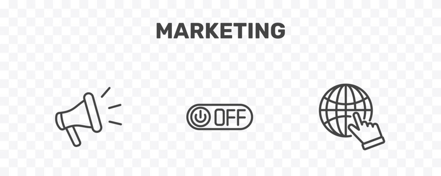 marketing icon set with promote, off, web cursor signs in flat outline style
