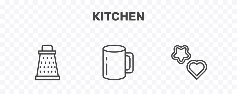 kitchen icon set with grater, mug, cookie cutter signs in flat outline style