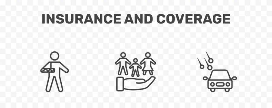 insurance and coverage icon set with broken arm, familiar insurance, hail on the car signs in flat outline style