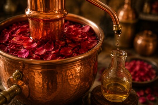 Rose petals undergoing distillation in a polished copper vessel.