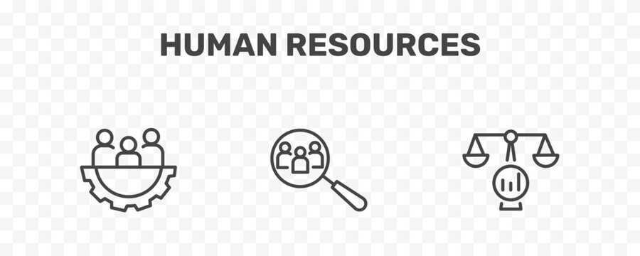 human resources icon set with teamwork, hiring, benchmarking signs in flat outline style