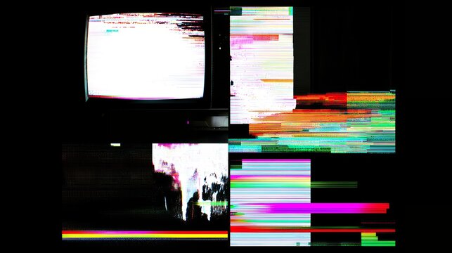 Multiple retro television screens displaying colorful digital glitch art tv static and tracking errors on black