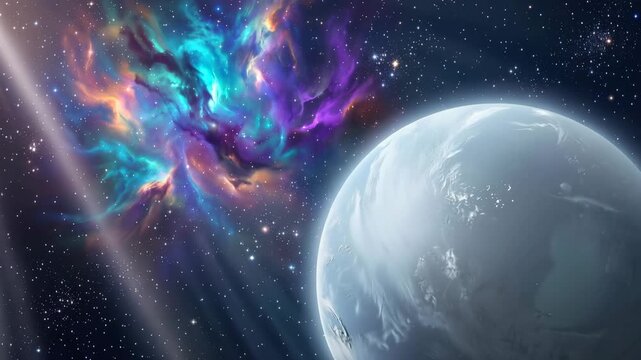 A serene planet floating in deep space with a vibrant, colorful nebula glowing in the background 4k video