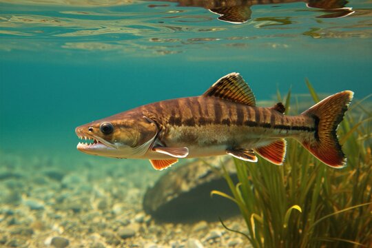 Predatory tigerfish swims in clear river water. Sharp teeth visible in its open mouth. Fish displays striped pattern on body, aquatic life in natural habitat. Underwater shot.