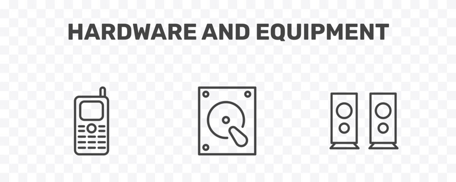 hardware and equipment icon set with keypad phone, harddrive, two stereo speakers signs in flat outline style