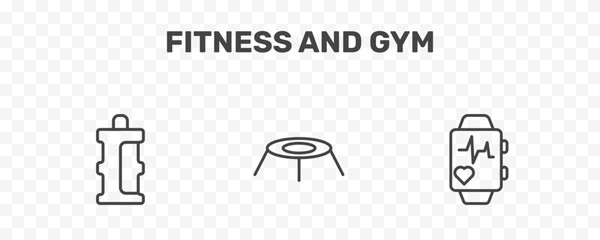 fitness and gym icon set with isotonic, trampoline, pulsometer signs in flat outline style © Abstract