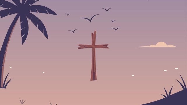 Christian Cross on Tranquil Beach at Sunset Faith Motion Background