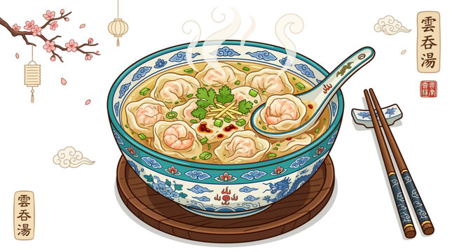 Chinese dumpling soup in a bowl with chopsticks and spoon