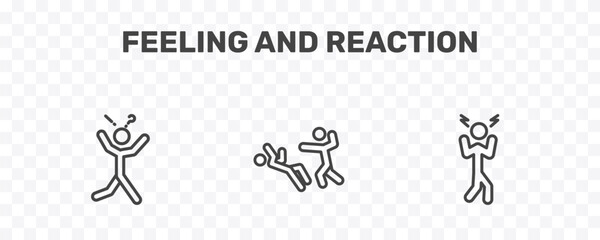 Fototapeta premium feeling and reaction icon set with surprised human, helpless human, aggravated human signs in flat outline style