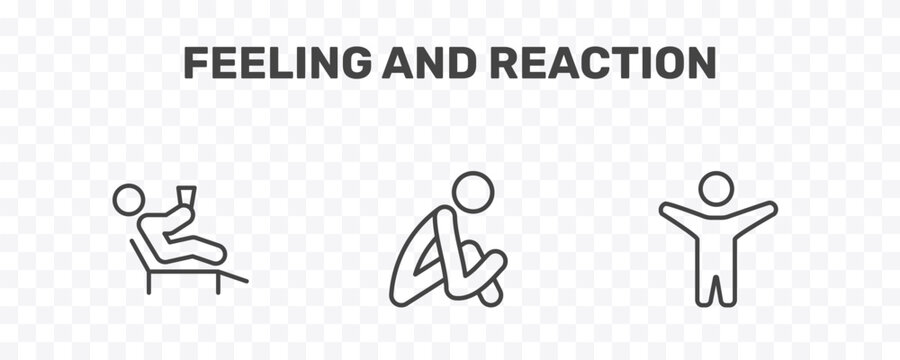 feeling and reaction icon set with relaxed human, sad human, excited human signs in flat outline style