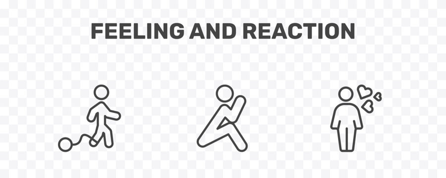 feeling and reaction icon set with guilty human, lonely human, emotional human signs in flat outline style