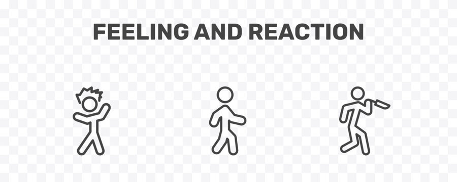 feeling and reaction icon set with irritated human, alive human, terrible human signs in flat outline style