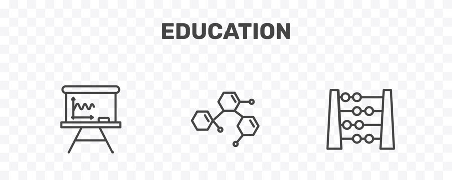 education icon set with writing whiteboard, chemical formula, abcus signs in flat outline style