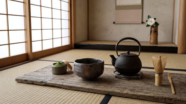 Japanese tea ceremony objects, raku bowl and iron tetsubin, bamboo whisk, matcha in ceramic container, soft shoji morning light