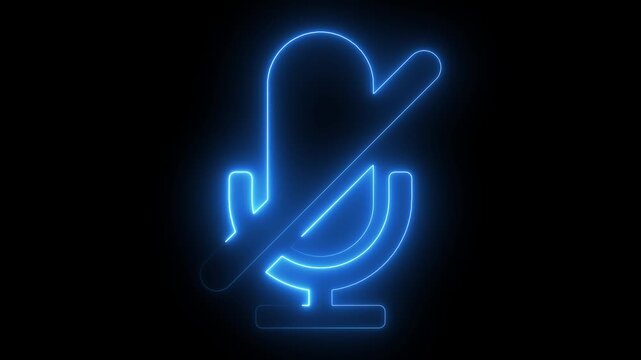 Neon mute microphone glowing on black background, digital audio off symbol for calls and streaming