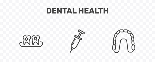 dental health icon set with plaque, empty syringe, maxilla signs in flat outline style © Abstract