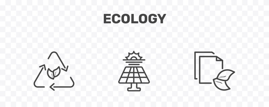 ecology icon set with eco, solar energy, eco paper signs in flat outline style