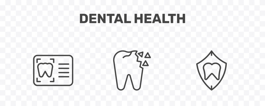 dental health icon set with dental monitor, holed tooth, dental protection signs in flat outline style
