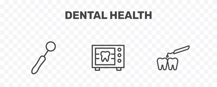 dental health icon set with dentist mirror, radiograph, interproximal signs in flat outline style