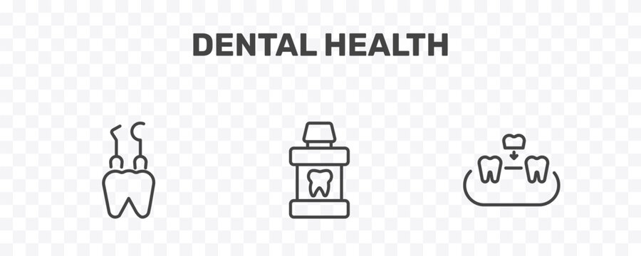 dental health icon set with dental hook, mouth wash, overdenture signs in flat outline style