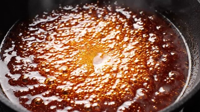 Macro video of sugar caramelization in a pan, bubbling and transforming into golden liquid for dessert preparation