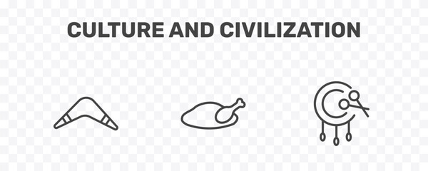 culture and civilization icon set with australian boomerang, beijing roast duck, native american drum signs in flat outline style © Abstract