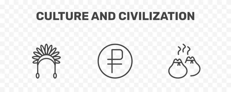 culture and civilization icon set with indian headdress, ruble, dumplings signs in flat outline style
